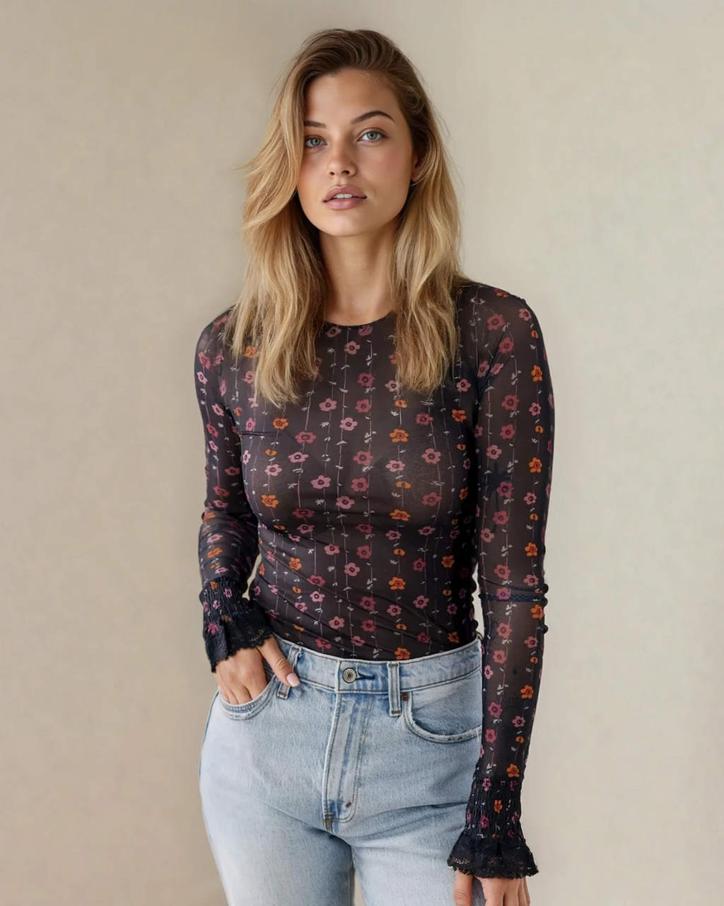 Samantha Floral Print Smocked Cuff Slim Fit Mesh Bodysuit