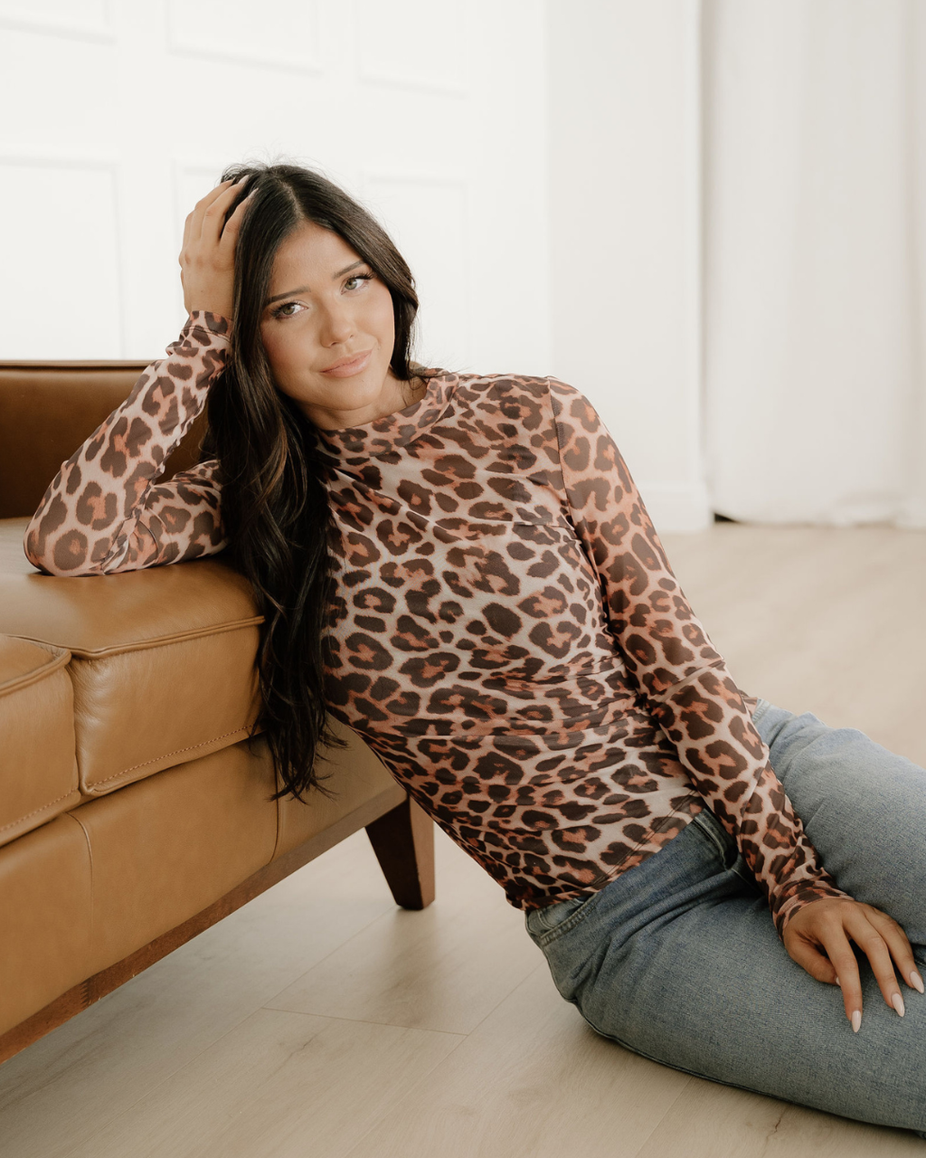 Blakely Leopard Mock Neck Long Sleeve Mesh Top